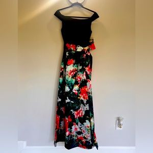 Semi- formal Tahari dress black, off shoulder top with floral print skirt.
